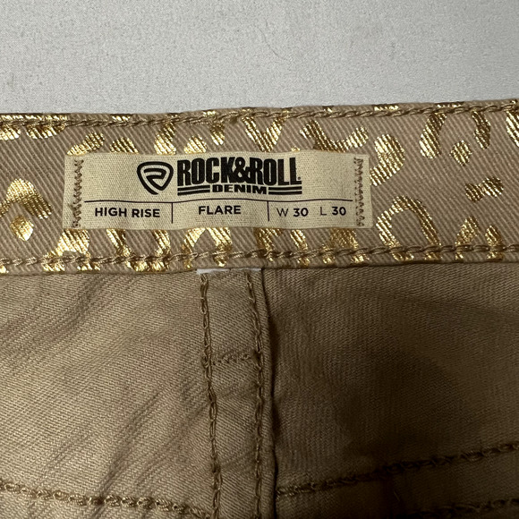Rock & Roll Denim Ladies 30x30 Metallic Gold Cheetah High Rise Flare Disco Jeans - Picture 6 of 14